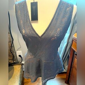 BCBG Lace Peplum V-Neck Top in Charcoal Gray